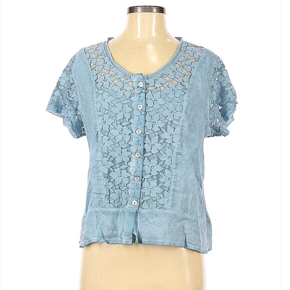 MALOKA Blue Linen Lace Short Sleeve Top Size 6 - Picture 1 of 3
